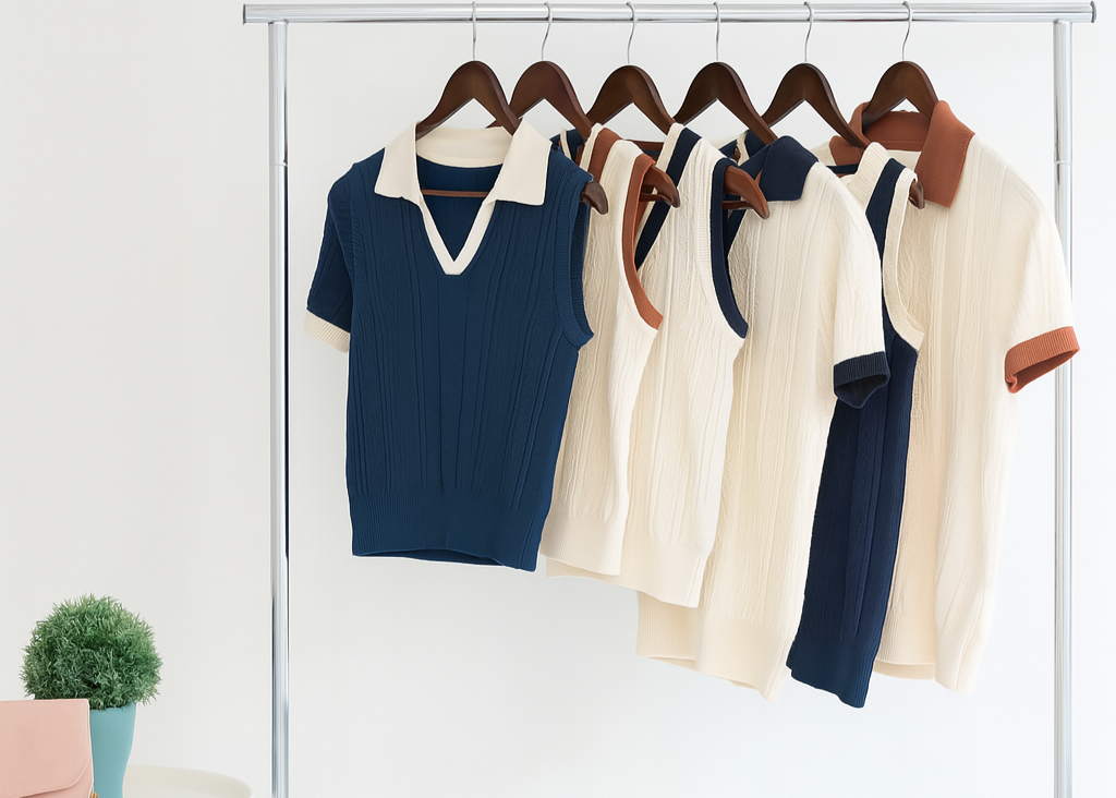 Clothing rack with shirts on hangers against a white wall